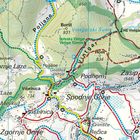 Karte zeigt Orte wie Poljane, Vintgar, Podhom und Spodnje Gorje, mit farbigen Routen und Höhenangaben.