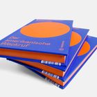 "Drei blaue Bücher mit orangefarbenem Kreis, Titel: 'Der amerikanische Weckruf', Autor: 'Conrad Hatter'. Stapelansicht."
