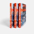 Drei Bücher mit rotem Rücken, Titel: "WUT & WÄRME", Autor: Tülin Duman Tekkal. Cover mit Personen in blauen Outfits.