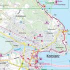 Städtenamen und Wasserwege sind markiert: Konstanz, Bodensee, Rheinsee. Kartendarstellung mit Straßen und Wanderwegen.
