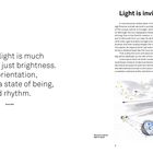 Links: "To me, light is much more than just brightness..." von Aurel Aebi. Rechts: "Light is invisible" mit zusätzlichem Text. Unten rechts: Illustration der Sonne und Erde.