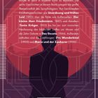 Text: Sechs Geschichten von Thomas Mann, Themenvielfalt. Schattenhafte Figur, rote und violette Töne, stilisierte Stadt.