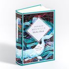 Die Buchhülle zeigt "Herman Melville - Moby-Dick" mit wellenförmigen blau-weißen Illustrationen auf dunklem Hintergrund.