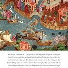 Text über "Histoire de l’Europe" von Henri Pirenne. Detailreiche Stadtszene mit Fluss, Brücken, Menschen und Schiffen.