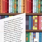 Text über Buchabenteuer in Dichterstuben. Hintergrund: bunte Buchrücken in einem Bücherregal, Illustration.