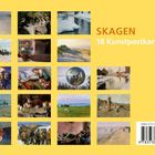Text: SKAGEN, 18 Kunstpostkarten. Achtzehn Gemälde auf gelbem Hintergrund, darunter Strandszenen und Menschen in verschiedenen Szenarien.