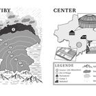 Zwei Karten: "SESTIBY" zeigt nummerierte Ringe 1-8, "CENTER" zeigt Symbole. Legende erklärt Gebirge, Sumpf, und mehr.