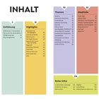 INHALT: Einführung, Highlights, Themen, Stadtteile, Reise-Infos mit Seitenangaben. Farblich abgesetzte Spaltenstruktur.