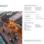 Inhalt, Vietnam entdecken, Vietnam erleben, Reise-Infos. Eine belebte Straße mit Fahrradrikschas und gelben Hausfassaden.