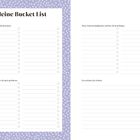 „Meine Bucket List“ auf lila Punktmuster. Kategorien: Orte, Essen, Sehenswürdigkeiten, Erlebnisse; jeweils mit Listen.