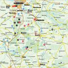 Karte mit Städtenamen wie Hamburg, Lüneburg und Gifhorn. Gelbe Straßenlinien verbinden Orte, Flüsse sind blau gezeichnet.