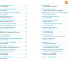 Seite mit einem Inhaltsverzeichnis, das Titel von Artikeln und zugehörige Seitenzahlen in Blau und Türkis zeigt. Oben rechts steht "Musterlayout".