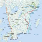 Eine farbige Karte von Südschweden mit Städten wie Stockholm, Göteborg, Malmö, und Routenverläufen in verschiedenen Farben.