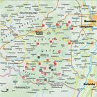 Eine Landkarte zeigt Städte und Orte zwischen Mannheim und Karlsruhe, einschließlich Kaiserslautern und Ludwigshafen.