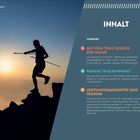 Texte: Vorwort, 6; Auf dem Trail zurück zur Natur, 8; Warum Trailrunning?, 20; Leistungsdiagnostik und Technik, 42. 

Links eine Silhouette von jemandem mit Wanderstöcken auf einem Felsen, Hintergrund Sonnenuntergang.