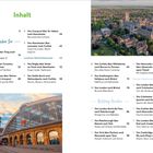 Inhalt: Eine Liste mit nummerierten Reiserouten von verschiedenen Städten, z.B. "Von London über Tring nach Rugby". Rechts oben Ansicht einer großen Kathedrale und unten ein Foto eines historischen Bahnhofs mit Glassdach.