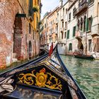 Kein Text vorhanden. Eine Gondel fährt auf einem Kanal zwischen alten, farbigen Gebäuden mit grünen Fensterläden in Venedig.