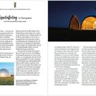 "Zeppelinfeeling im Ruhrgebiet", Text über den Luftschiffhangar Mülheim-Essen. Rechts: beleuchteter Hangar bei Nacht.