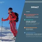 INHALT: Vorwort 6, Skitourengehen 8, Ausrüstung 14, Skitourentechnik 34, Lawinengefahr 50. Person in rotem Anzug auf Skiern.