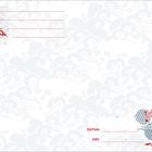 Links oben Zeilen, rechts unten "DATUM:" und "ORT:". Asiatische Muster mit Laternen und Kränen.