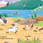 „Alle meine Häschen hoppeln um den See…“, viele Hasen rennen fröhlich neben einem blauen See. Eine Ente schwimmt.