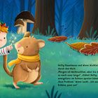 „Hetty Haselmaus und Winni Wichtel stapfen durch den Wald...” Illustration von Wichtel und Maus im Wald unter großen Blättern.
