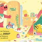 Text: "Dort stand sein Tantisaurus, und Sammlo rief: ‚HURRA!‘ Er hing am Reisesaurus. Nun war sie endlich da!"

Eine Illustration mit einem fröhlichen, roten Dinosaurier in einem Kinderzimmer voller Spielzeug, einem Tipi und dekorativen Elementen.