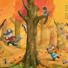 Ein herbstlicher Wald mit Tieren: Ein Wolf joggt mit Kopfhörern, ein Bär sammelt Blätter, ein Specht und ein Elch sind da. Ein freundliches, farbenfrohes Gemälde.