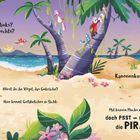 Texte: "Lief Wuff nach links?", "Hörst du die Vögel?", "Kanonen­kugeln?". Eine tropische Insel­szene mit Figuren und Vögeln.
