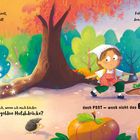 Text: "Spring runter in das Kürbisbeet, wo unsre Suche weitergeht!" 
Szene: Eine herbstliche Landschaft mit Kürbissen, Bäumen, einem Kind, einem Igel und einem blauen Vogel.