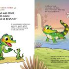 Links: "Wenn uns was stört, reden wir gleich und lösen es zu zweit!" Zwei bunte Krokodile spielen. Rechts: Sonnenuntergang.