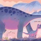 "... nicht mehr alleine!" Zwei lächelnde Dinosaurier in lila und pink Tönen vor einer sanften Berglandschaft.