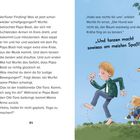 Text links: Papa Basti und Wurfel tanzen. Rechts Illustration: Mann und Hund tanzen, Bienen fliegen.