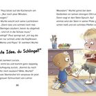 „Gute Idee, du Schlingel!“ Paul und Wurfel in der Küche, Wurfel zaubert Magie um Paul, umgeben von Alltagsgegenständen.