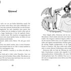 "Blutmond" steht oben. Links der Text über lächerliche Kostüme, rechts über eine Aufgabe und Drachenfutter. Illustration: Drache, Person.