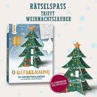"Rätselspaß trifft Weihnachtszauber". Ein 3D-Adventskalender in Weihnachtsbaumform mit Türchen und Schneeflocken.