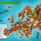 **Text:** Europa, Lachs, Blauflossen-Thunfisch, Langschnauziges Seepferdchen.  

**Beschreibung:** Eine Illustration zeigt Europas Karte aus Tieren.