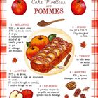 Rezeptillustration für "Cake Moelleux aux Pommes" mit Zutaten, Anleitungen und Äpfeln auf karierter Tischdecke.