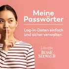 "Meine Passwörter. Log-in-Daten einfach und sicher verwalten. Lifestyle BUSSE SEEWALD." Frau mit gestreiftem Shirt hält Finger an den Lippen.