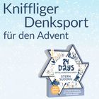 „Kniffliger Denksport für den Advent.“ Darunter ein sternförmiger Sudoku-Kalender. Hintergrund: Schneeflocken.