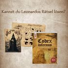 "Kannst du Leonardos Rätsel lösen?" Oben: Illustration und Buch "Codex infernus" mit Leonardo da Vinci Thema.