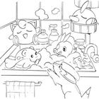 Illustration: Zeichentrickfiguren in einer Badewanne mit Schaum. Handtuch hängt an der Seite. Flaschen stehen am Rand.