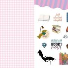 Texte: "just another chapter", "coffee books magic", "BOOK nerd", "time for books". Illustrationen von Büchern, Tasse, Brille.