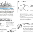 Titel: Materialien. Überschriften: "Diese Zeichenmaterialien brauche ich für meine Reise", "Teste deine Stifte", "Stifthaltung", "Papier & Skizzenbücher". 

Illustrationen: Verschiedene Stifte, Hände, Kreise, Figuren.