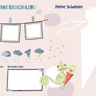 "MEINE STARKE EINSCHULUNG", "Meine Gäste", "So war das Wetter", "Ich bin aufgestanden um", "Das beste Essen". Illustration mit Chamäleon.