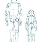 Eine Skizze von zwei Figuren, einem Erwachsenen und einem Kind, mit geometrischen Formen für Gelenke und Körperproportionen.