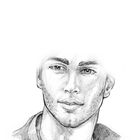 Eine detaillierte Bleistiftzeichnung eines jungen Mannes mit markanten Gesichtszügen und kurzem Haar.
