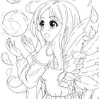 Keine Texte. Anime-Stil-Illustration: Mädchen mit Flügeln, schwebende Federn, Erde und Wolken.