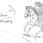 „Heute ist mein Lieblingstag.“ Eine Frau reitet auf einem Pferd. Ihr Kleid weht im Wind, und ein Vogel fliegt daneben.