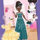 Illustration einer Puppe in einem eleganten, blauen Kleid mit Accessoires wie Schuhe, Tasche und alternativen Frisuren.